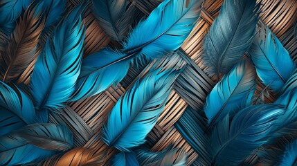 3D wallpaper blending blue, turquoise feather motifs, and light drawing elements with oak and nut wood wicker textures, Photography, detailed and vibrant, - obrazy, fototapety, plakaty