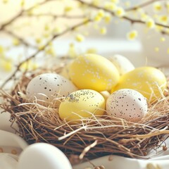 Obraz premium Easter basket with egg holiday background. Easter eggs beautiful colors