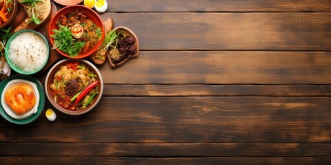 Assorted Asian dishes on wooden table, top view, with room for text.