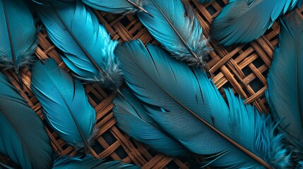3D wallpaper blending blue, turquoise feather motifs, and light drawing elements with oak and nut wood wicker textures, Photography, detailed and vibrant,