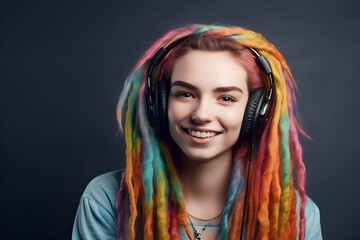 Portrait of a beautiful young woman with rainbow hair and headphones listening to music