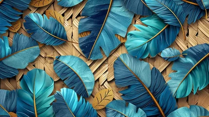 Fotobehang 3D wallpaper, blue and turquoise leaf and feather motif, gold elements, light background, oak and nut wood wicker, Artwork, seamless wood integration, © Muhammad