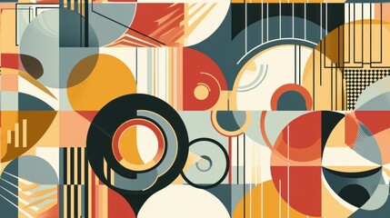  a multicolored abstract pattern with circles and lines on a beige background with black, white, red, orange, and grey colors.