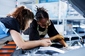 Team of women in auto repair shop working together on fixing car, discussing best options....