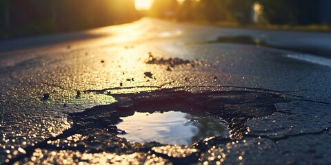 Pothole on a empty road in early morning road maintenance issues concept roads disrepair problem - generative ai