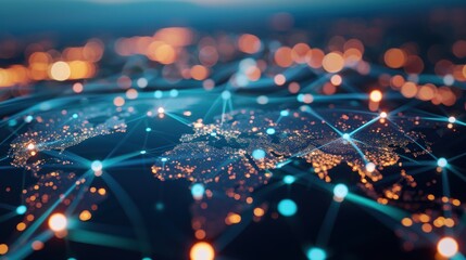 Obraz premium a close up of a map of the world with a lot of dots and lines in the middle of it.