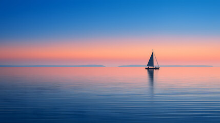 A capsized sailboat on a calm sea at dusk with no one in sight symbolizing solitude and defeat. - obrazy, fototapety, plakaty