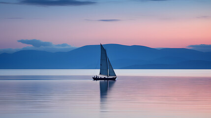A capsized sailboat on a calm sea at dusk with no one in sight symbolizing solitude and defeat. - obrazy, fototapety, plakaty
