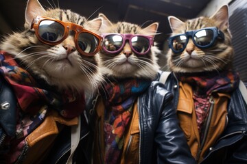  cats portrait with sunglasses, Funny animals in a group together looking at the camera, wearing clothes, having fun together, taking a selfie, An unusual moment full of fun and fashion consciousness.
