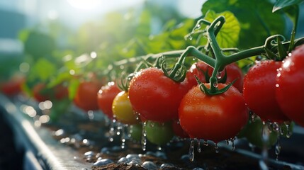 Close-up of ripe tomatoes growing in a greenhouse - obrazy, fototapety, plakaty