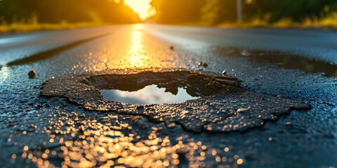 Pothole on a empty road in early morning road maintenance issues concept roads disrepair problem - generative ai