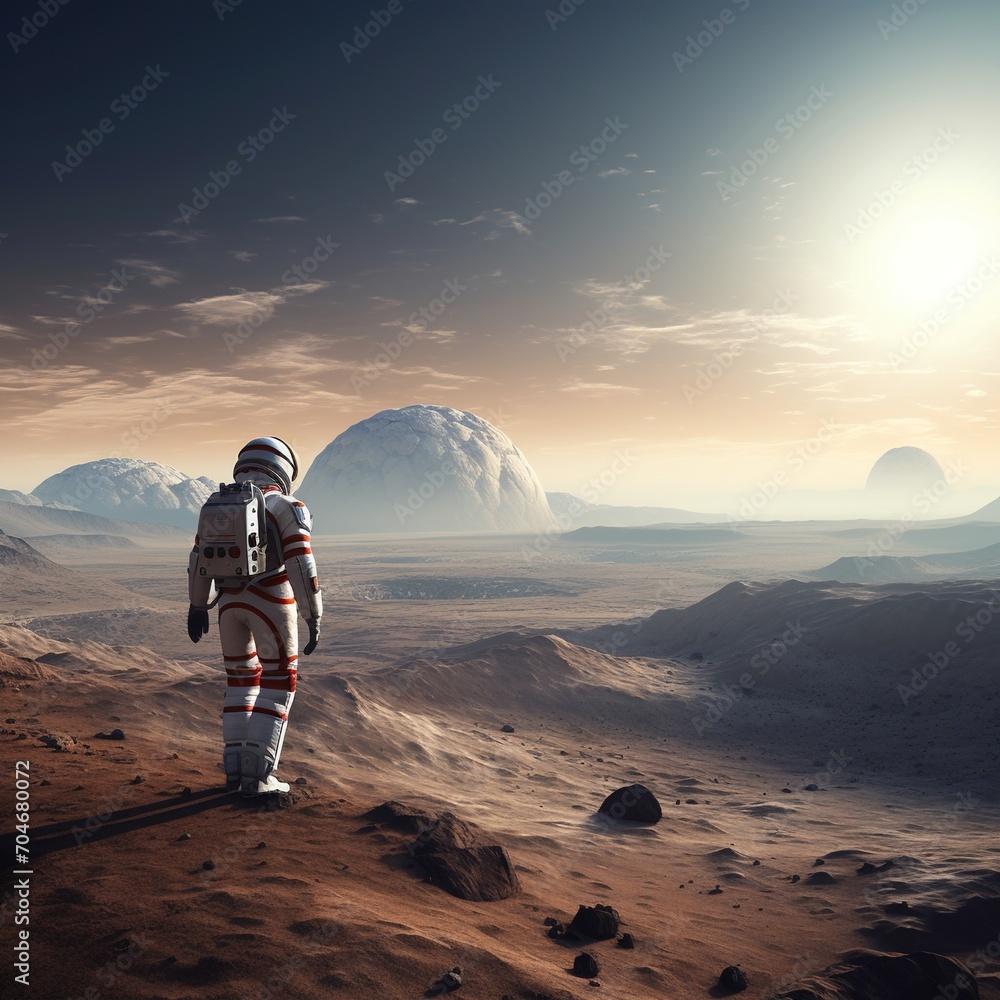 Poster astronaut in a red and white spacesuit walking on the surface of mars