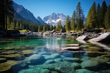 Fototapeta na wymiar Stunning mountain river landscape with crystal clear water