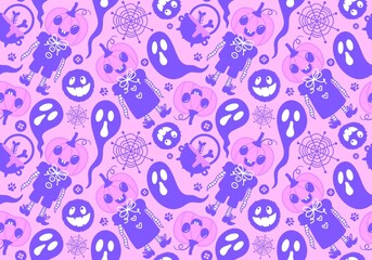 Cartoon Halloween seamless pumpkins and monsters and ghost pattern for wrapping paper and fabrics and linens