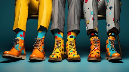 Three people wearing colorful polka dot socks and yellow shoes