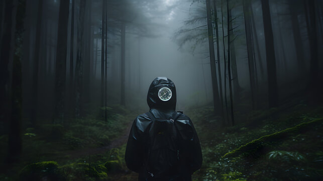 A hiker lost in a foggy dense forest looking hopeless with a broken compass.