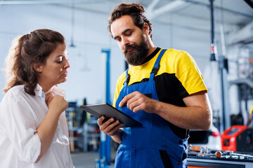 Mechanic in car service ordering new exhaust system for damaged vehicle using tablet. Worker next to customer looking online for components to replace old ones in malfunctioning automobile