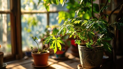  a group of potted plants sitting on top of a window sill next to a potted plant in front of a window.