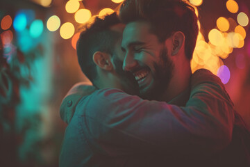 Loving gay couple laughing together - AI Generated - obrazy, fototapety, plakaty