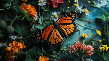  a close up of a butterfly on a flower with many other flowers in the background and a wall of flowers in the foreground.