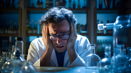 A scientist looking frustrated in a lab with a failed experiment broken equipment around. - obrazy, fototapety, plakaty
