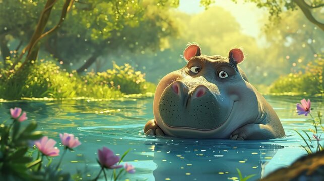  a hippopotamus sitting in a pond of water in a scene from the movie hippopotamus.
