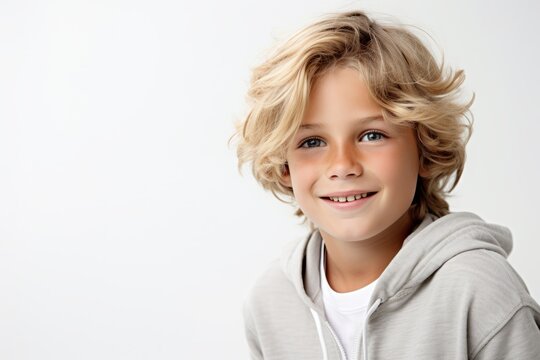 Portrait of a cute little boy with blond hair on a white background