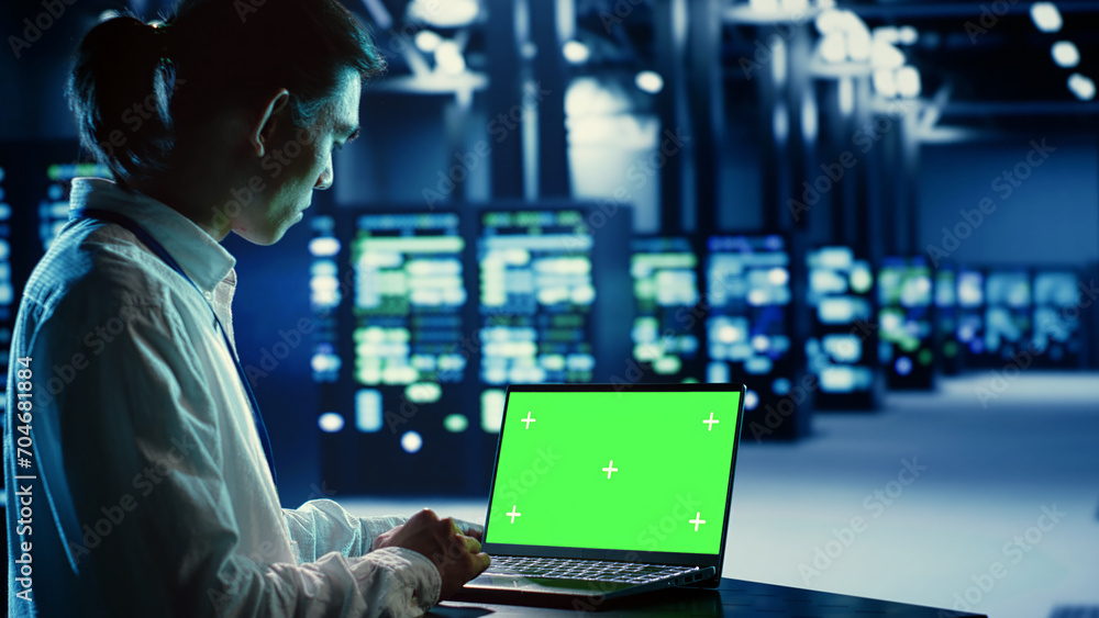Poster employee using chroma key laptop to fix data center hardware clusters providing processing resources
