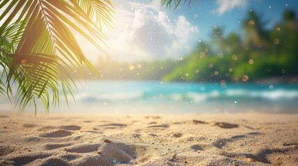 Sand with blurred Palm and tropical beach bokeh background, Summer vacation and travel concept. Copy space 