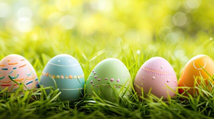 Row of Easter eggs in Fresh Green Grass