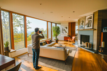 Real estate photographer taking interior photos of a property for sale - Powered by Adobe