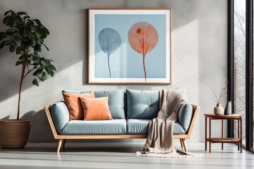 Blue and orange minimalist living room interior with a tree-themed artwork