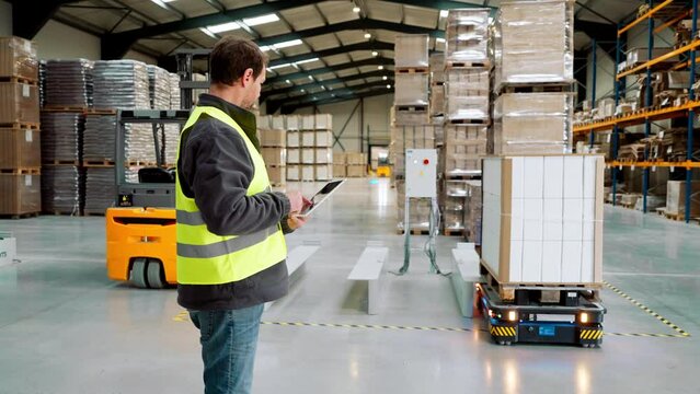 Warehouseman with tablet checking delivery, stock in warehouse. Warehouse manager using warehouse management software, app.