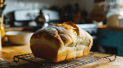  a loaf of bread sitting on top of a metal rack on a wooden table next to a bottle of wine.