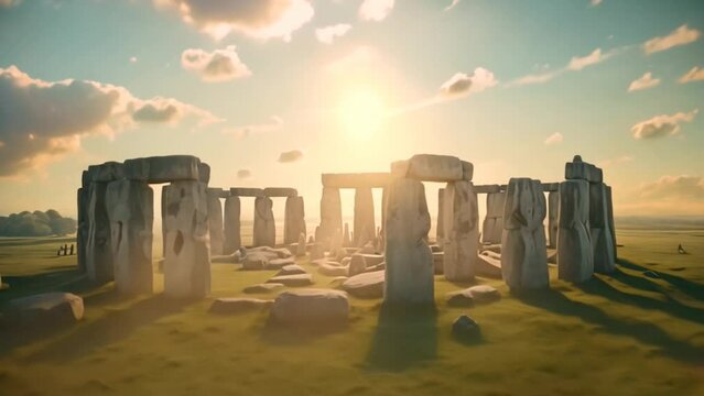 Stonehenge against a beautiful sky with clouds and a radiant sun, casting shadows on the grass. Cinematic megalithic monument, a type of Cromlech for a History scene