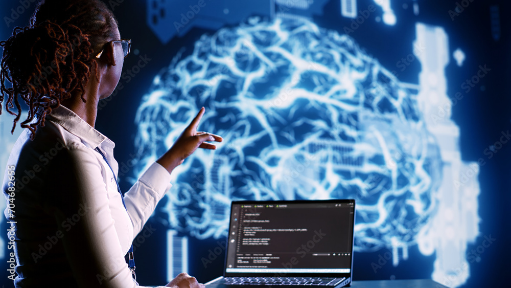 Aufkleber overseeing manager writing artificial intelligence script code in startup workspace on tablet termin