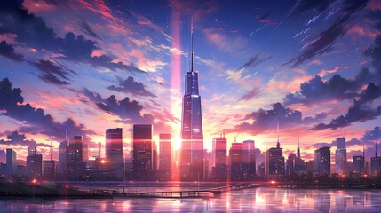 A wonderful city view against a beautiful sky with purple dawn. Japanese animation style illustration. generative AI - obrazy, fototapety, plakaty