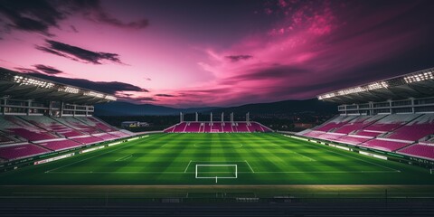 Empty soccer stadium at sunset with purple sky