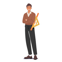 Male Geometry Teacher Character Passionately Imparts Knowledge, Holding A Protractor With Precision, Vector Illustration