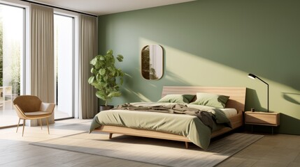 Modern minimalist bedroom, wooden bed, olive green walls.