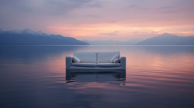 Sofa floating on a calm serene lake at sunset.