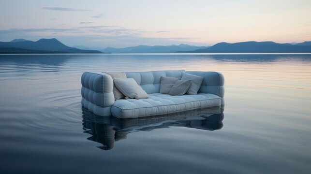 Sofa floating on a calm serene lake.