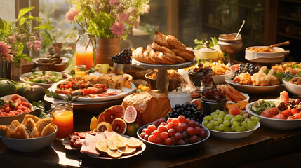 Easter brunch spread with delicious food and pastries - obrazy, fototapety, plakaty
