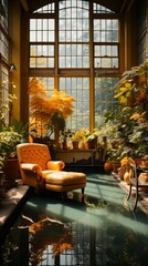 Tranquil indoor garden with yellow leather chair