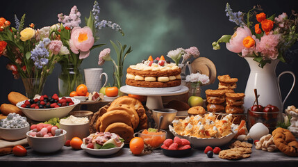 Naklejka premium Easter brunch spread with delicious food and pastries