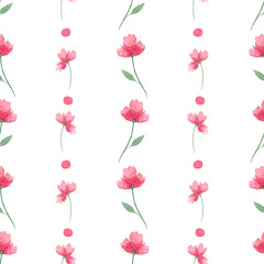 Watercolor pattern, pink flowers and dots on a white background. For various products, paper, bedding, wrapping etc.