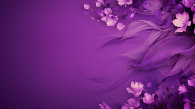 Abstract purple background with space for text and flowers on right