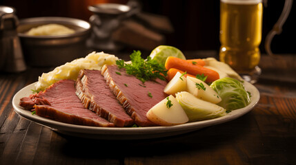 Traditional Irish meal for St. Patrick's Day with corned beef and cabbage - obrazy, fototapety, plakaty