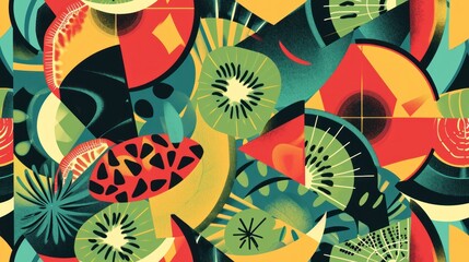  a close up of a bunch of fruit on a surface of green, yellow, red, and orange colors. - obrazy, fototapety, plakaty