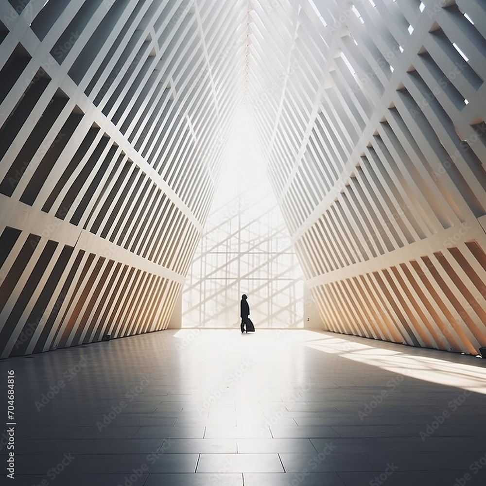 Poster modern architecture with geometric shapes and a person standing in the center